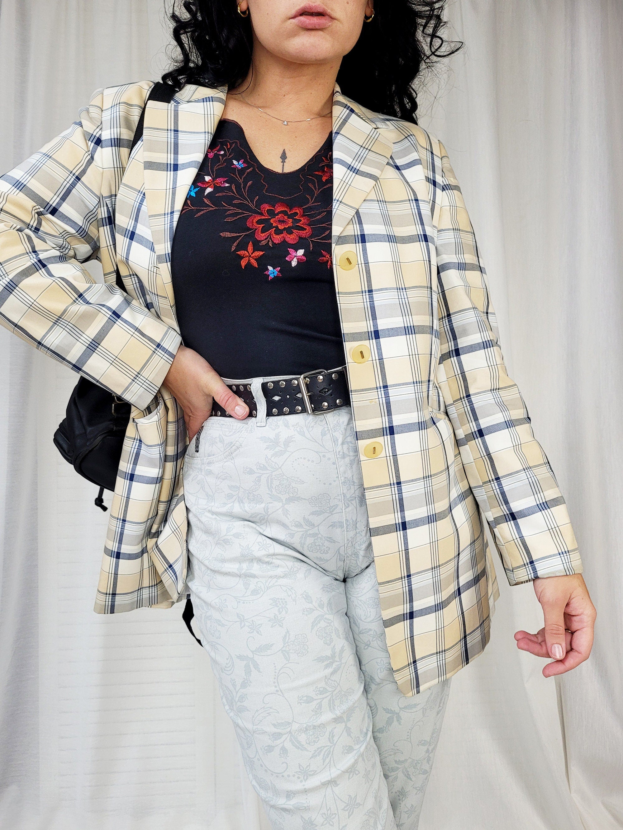 Vintage 90s beige checked oversized blazer jacket