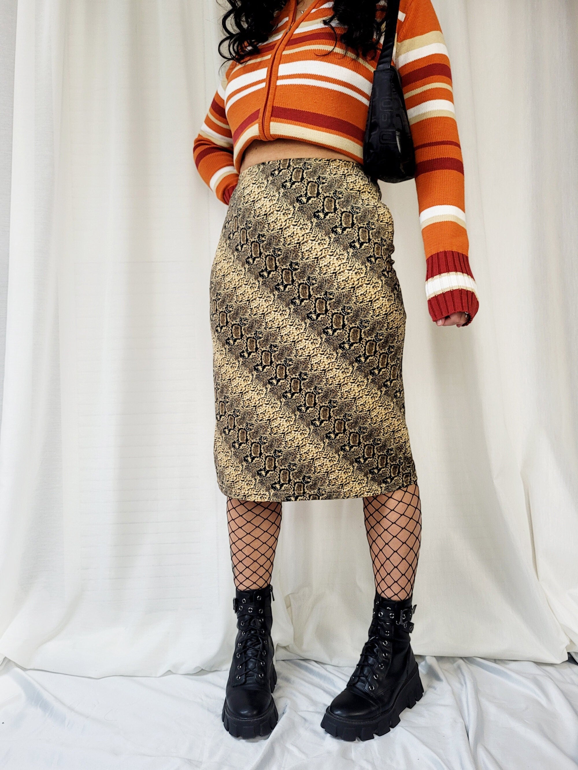 Vintage 90s brown snake print midi pencil skirt