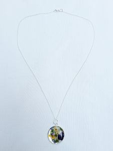 Dried flower resin round pendant necklace with silver chain,   RN1