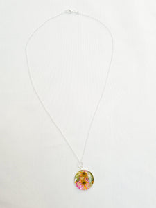 Dried flower resin round pendant necklace with silver chain,   RN2