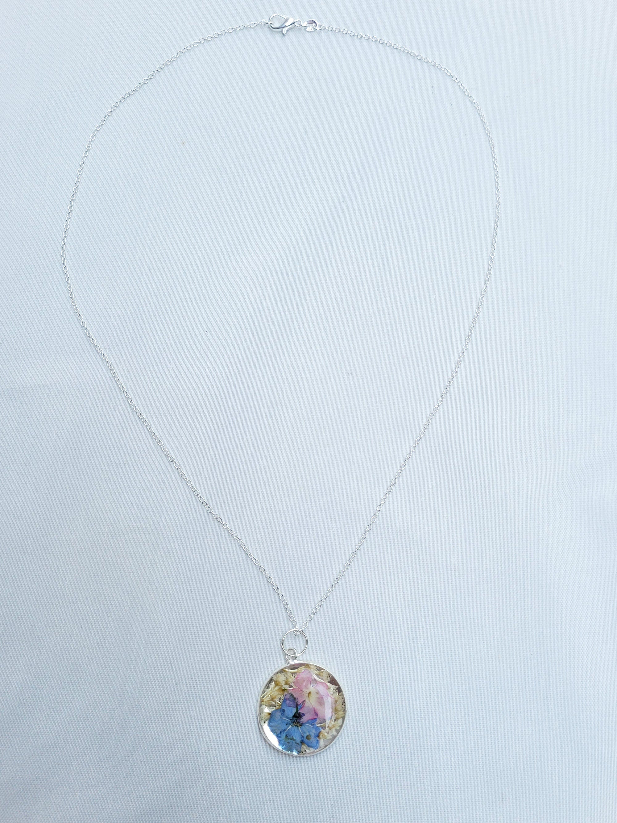 Dried flower resin round pendant necklace with silver chain,   RN3