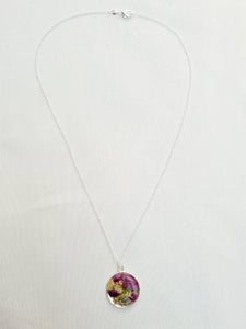 Dried flower resin round pendant necklace with silver chain,   RN4