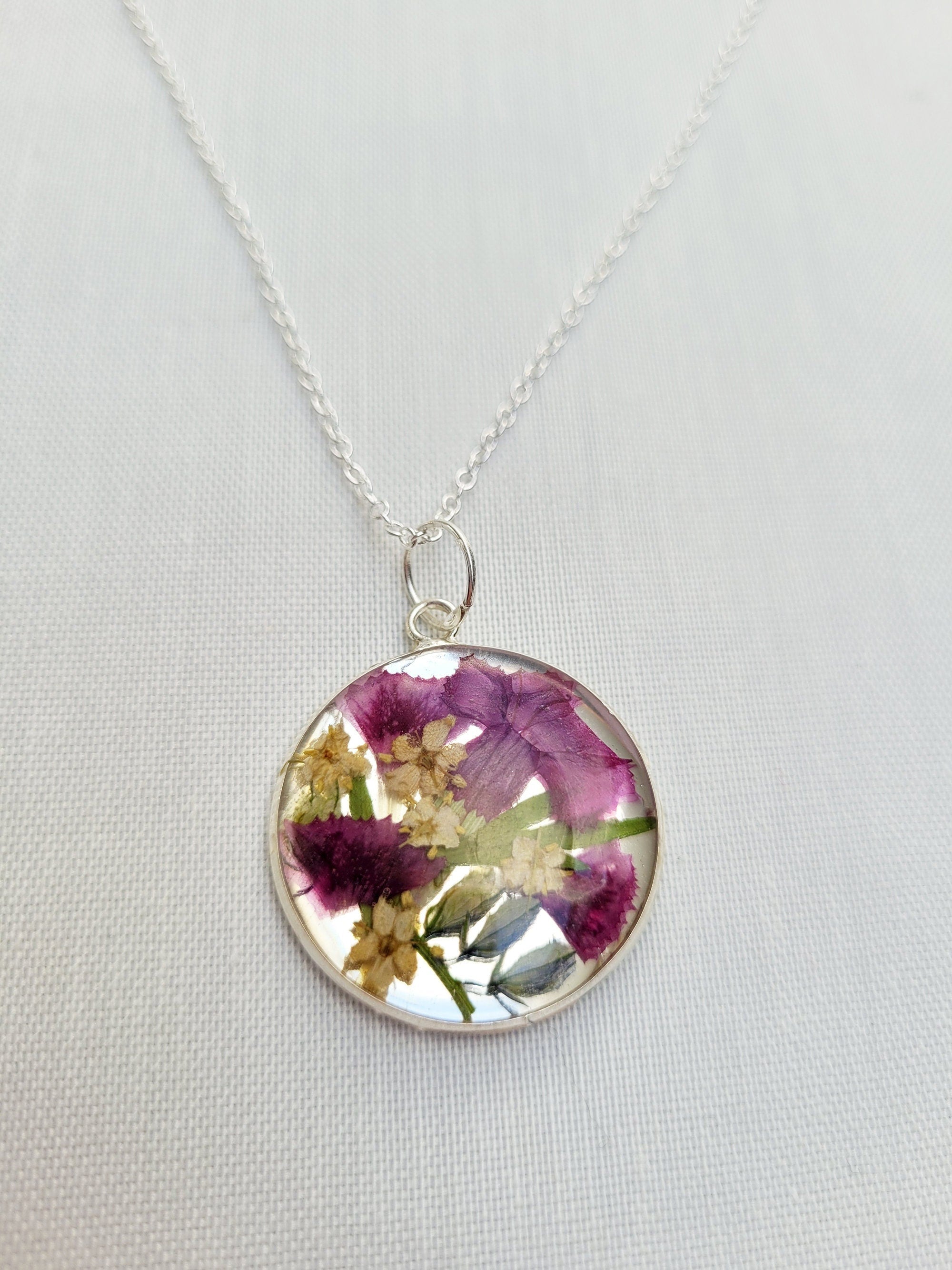 Dried flower resin round pendant necklace with silver chain,   RN4