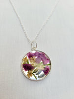 Load image into Gallery viewer, Dried flower resin round pendant necklace with silver chain,   RN4
