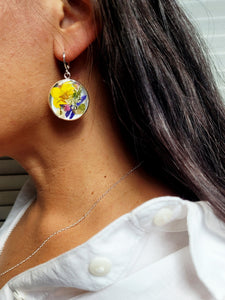 Handmade dried flower silver round 27mm dangle earrings,   E27mm