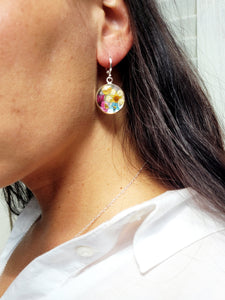 Handmade dried flower silver round 22mm dangle earrings,   E3 22mm