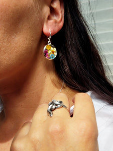 Handmade dried flower silver round 22mm dangle earrings,   E3 22mm