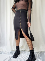 Load image into Gallery viewer, Vintage 00s Y2K black front zipper tight stretch midi skirt
