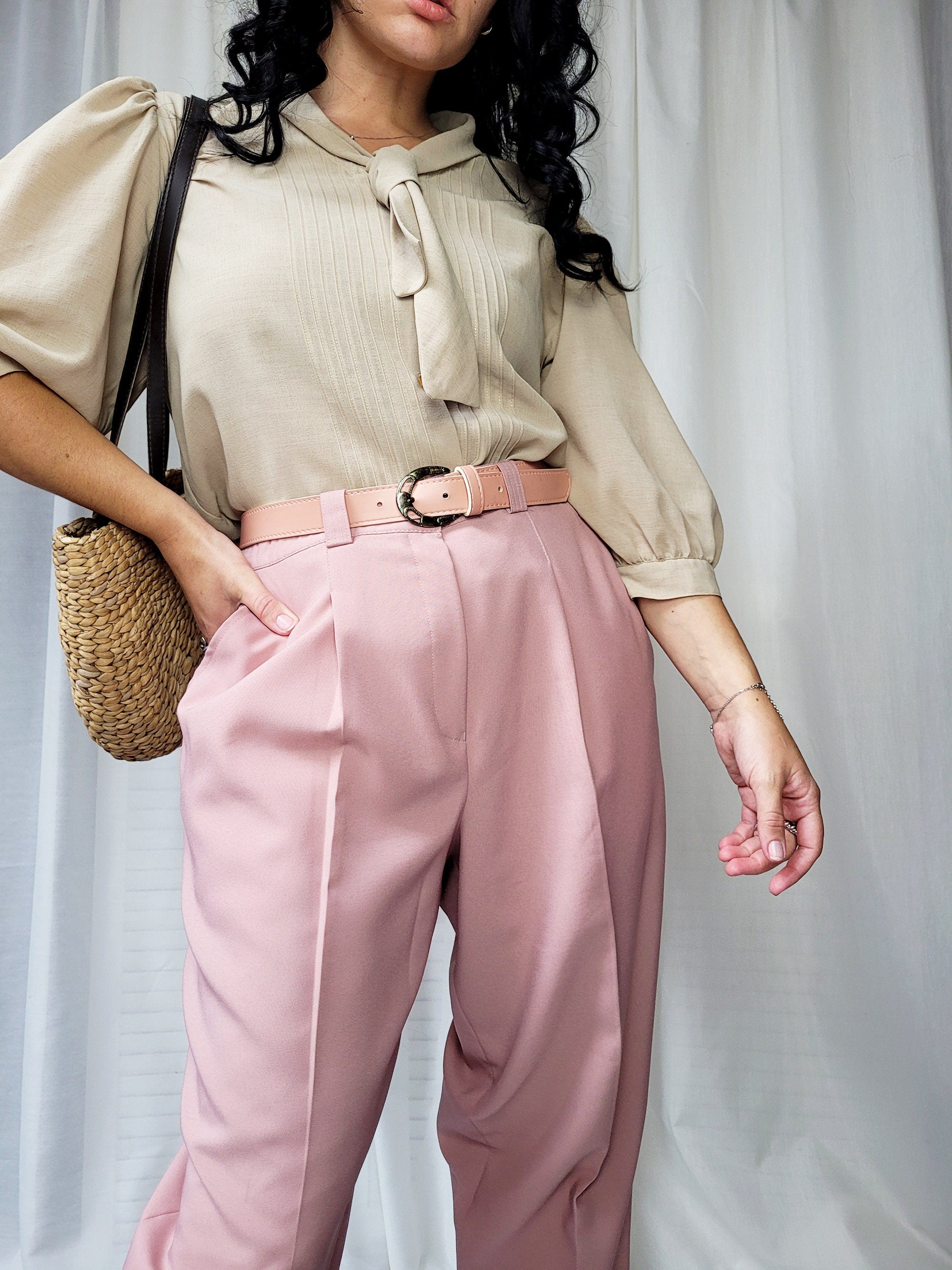 Vintage 80s brown bow collar puff sleeve blouse top