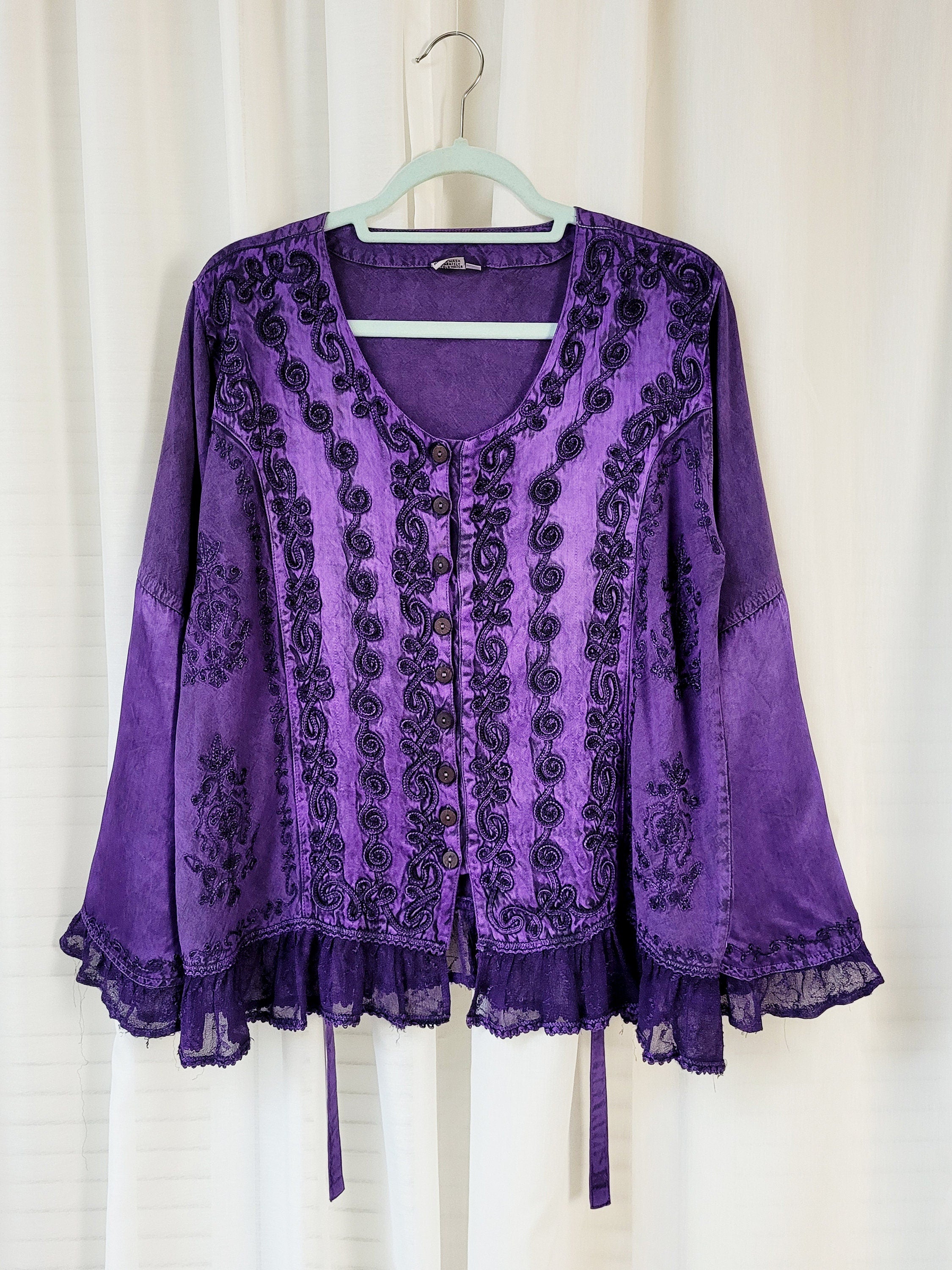 Vintage 90s purple embroidered flare sleeve blouse top