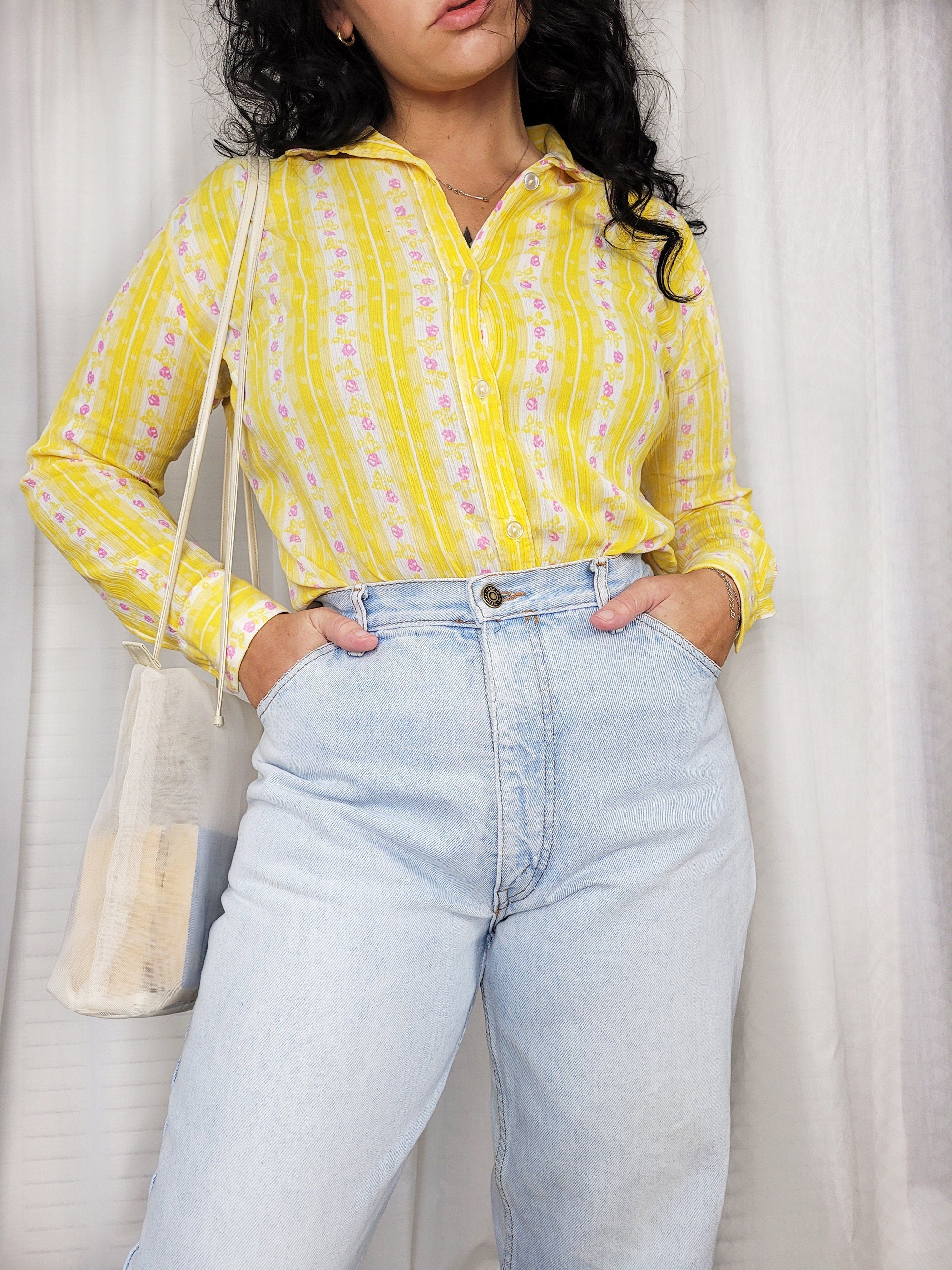 Vintage 90s colorful yellow striped minimalist shirt top