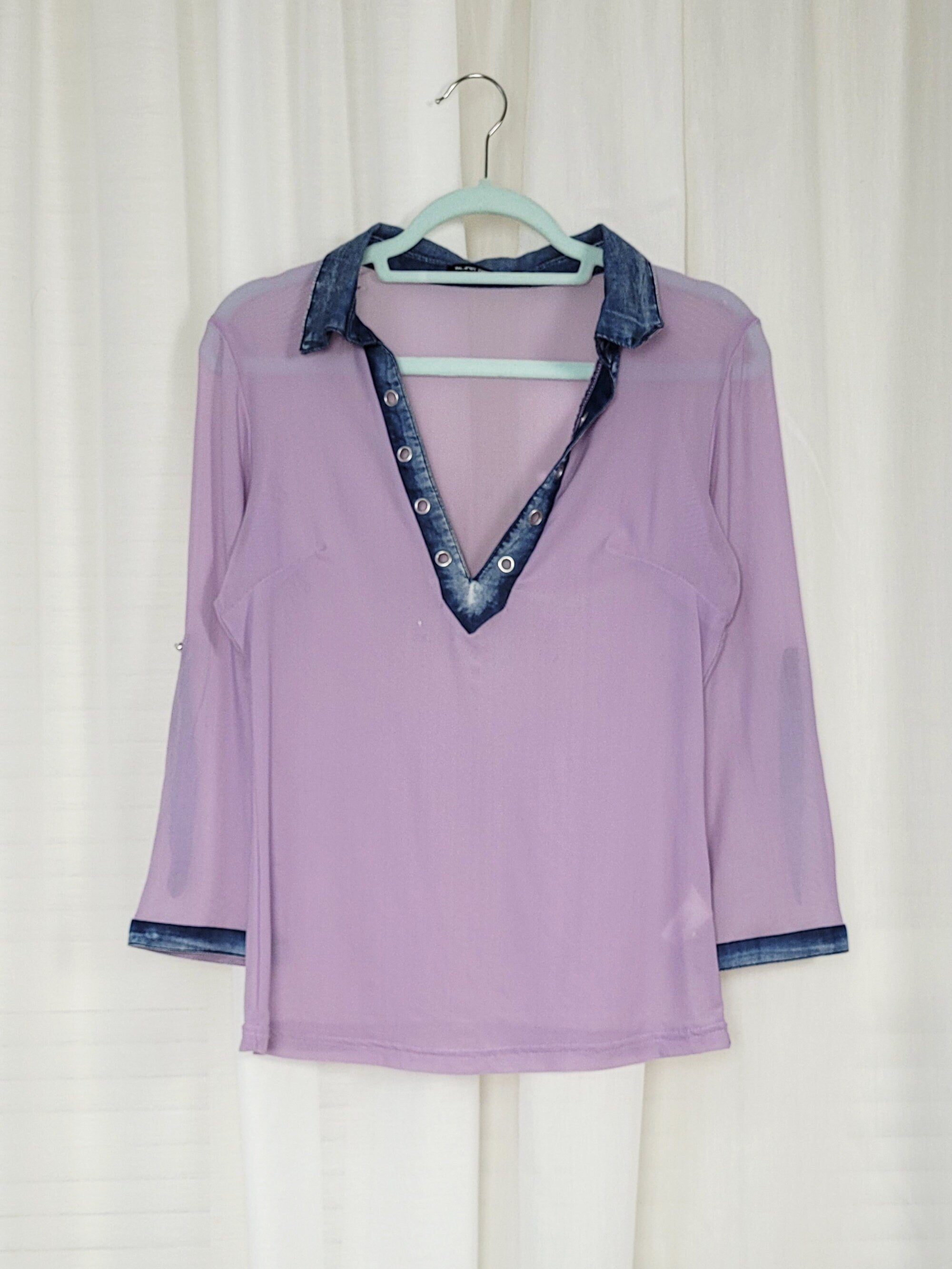 Vintage Y2K 00s mesh lilac denim collar blouse top