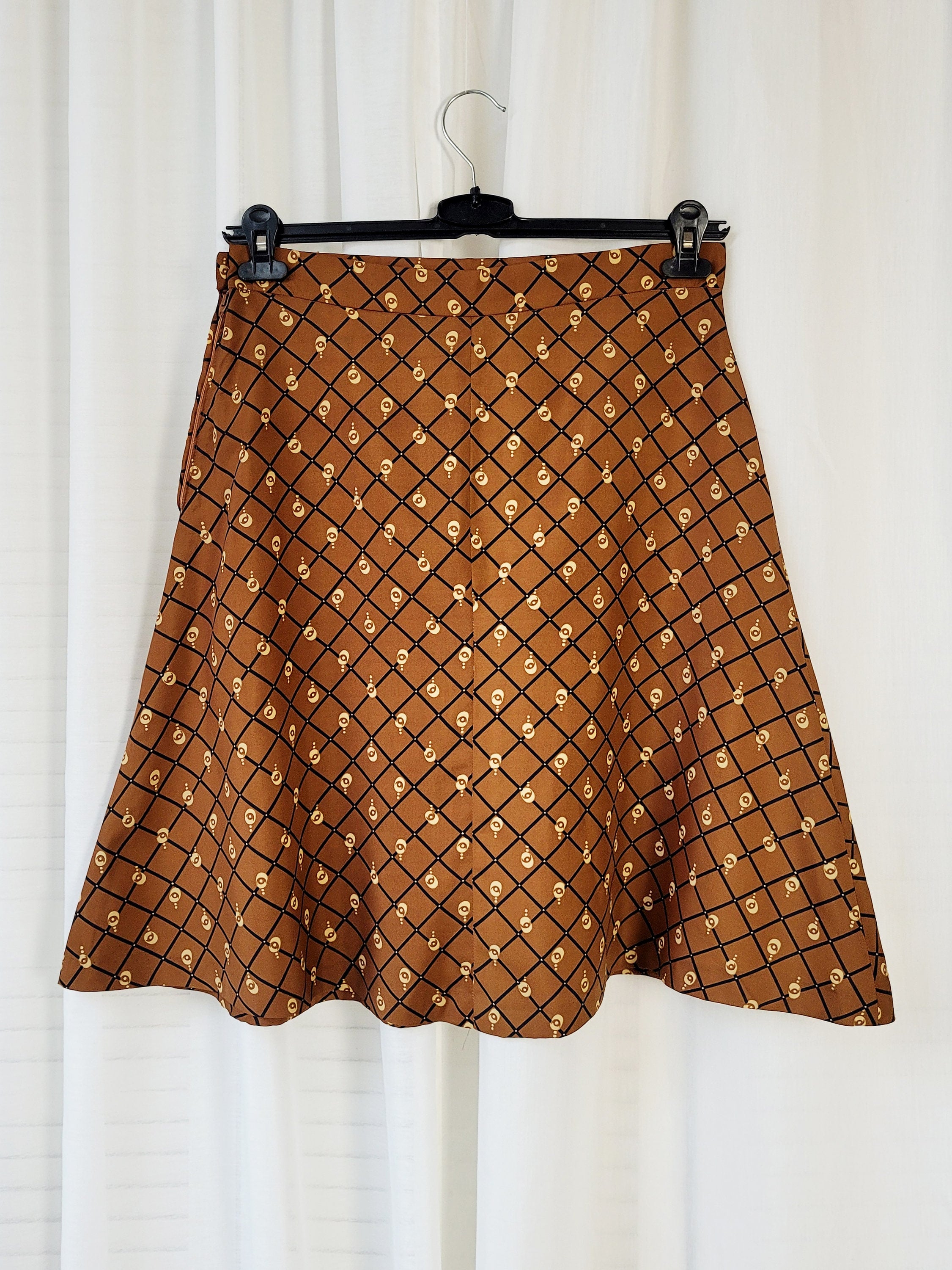 Vintage 90s brown geometric print midi A line skirt