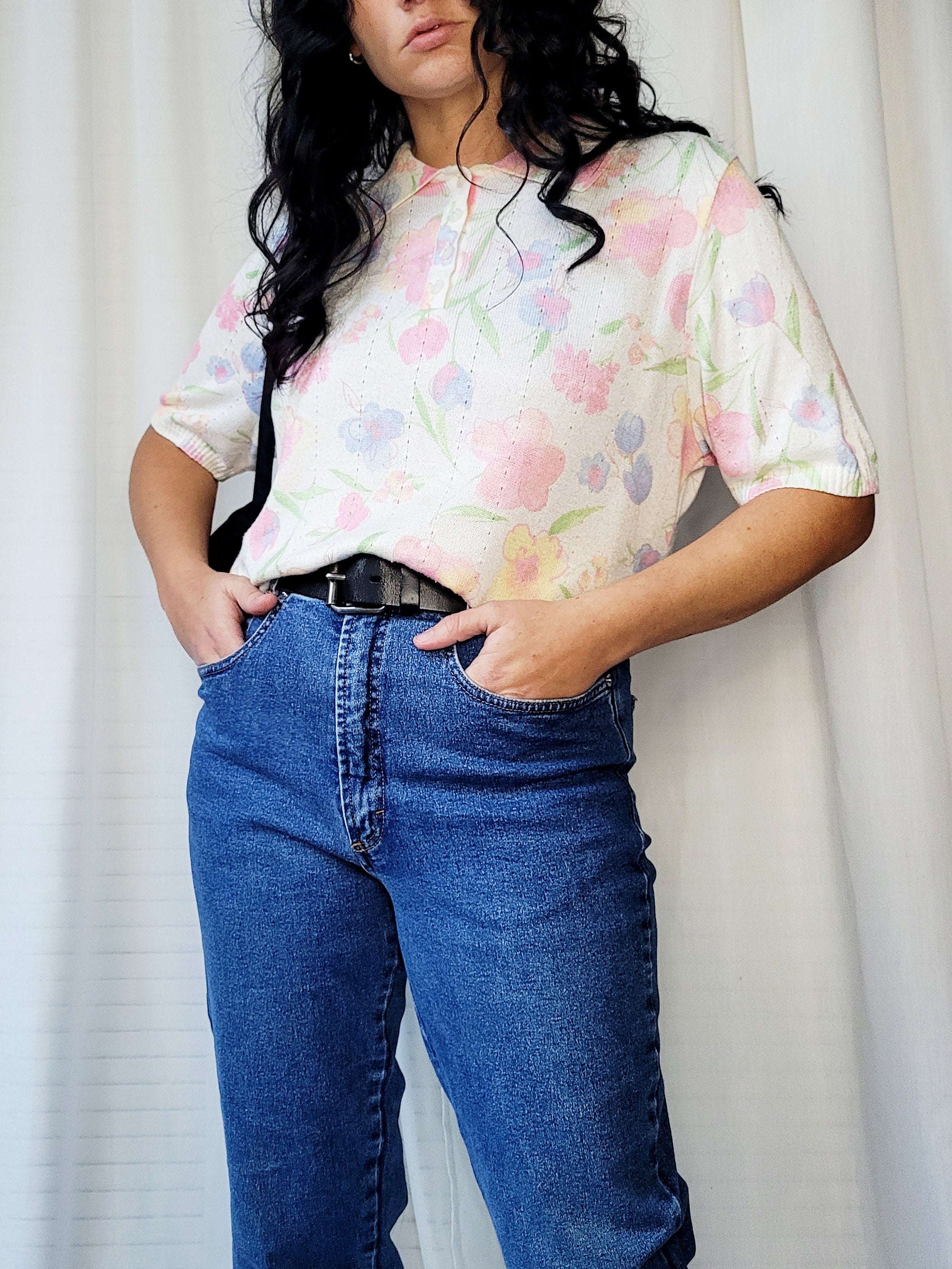 Vintage 90s white floral knit polo short sleeve top