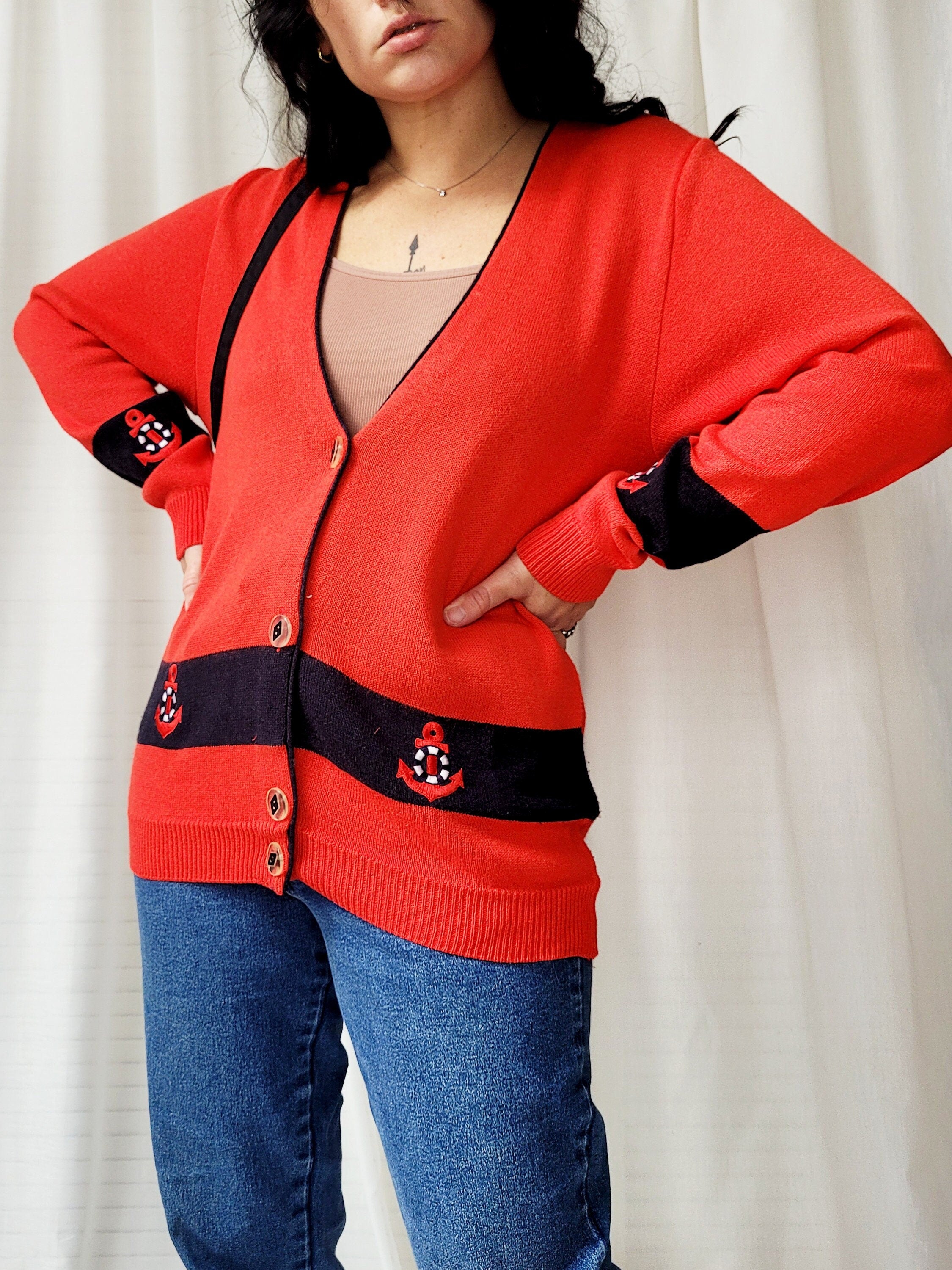 Vintage 90s red nautical long buttons down cardigan