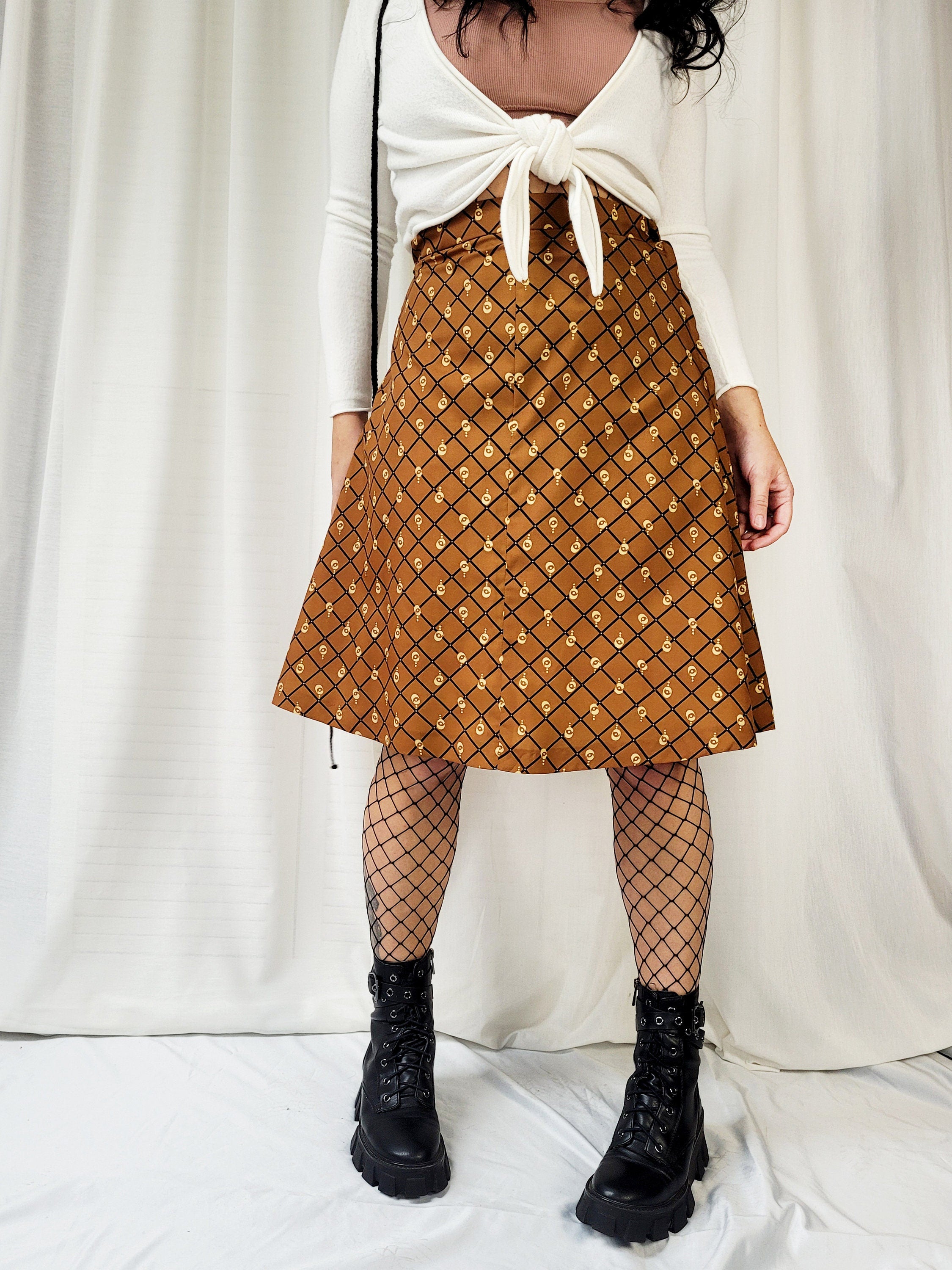 Vintage 90s brown geometric print midi A line skirt