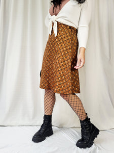 Vintage 90s brown geometric print midi A line skirt