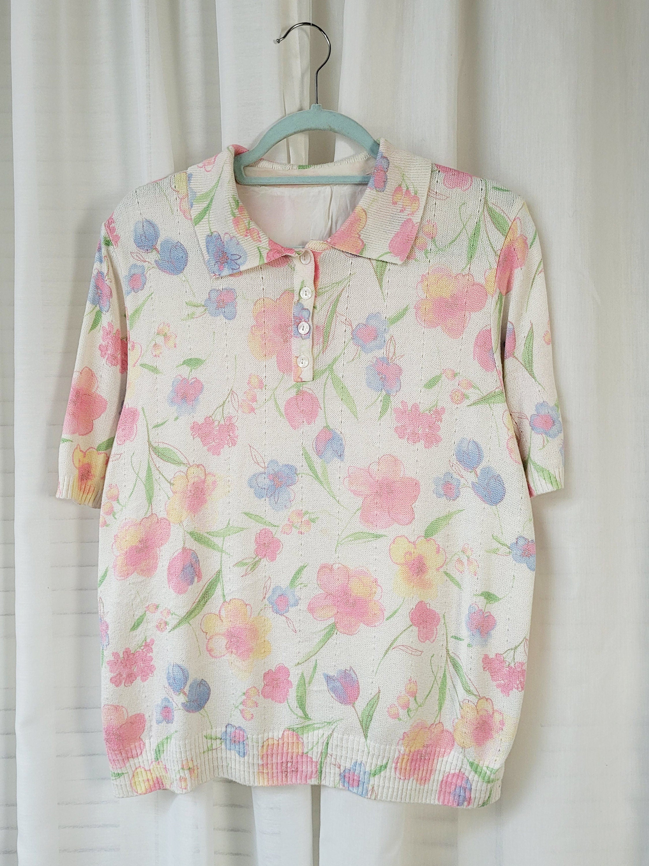 Vintage 90s white floral knit polo short sleeve top