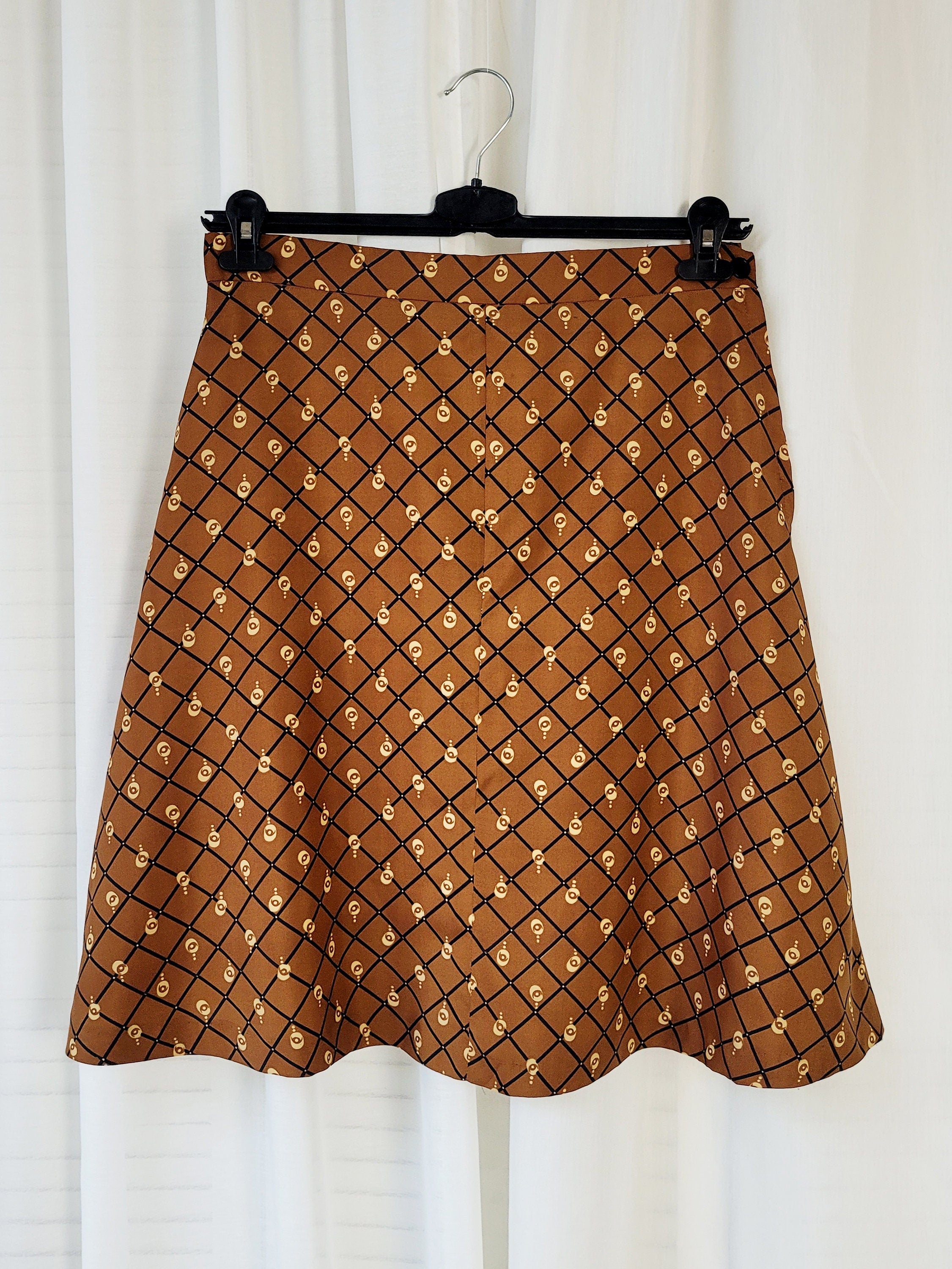 Vintage 90s brown geometric print midi A line skirt