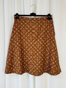 Vintage 90s brown geometric print midi A line skirt