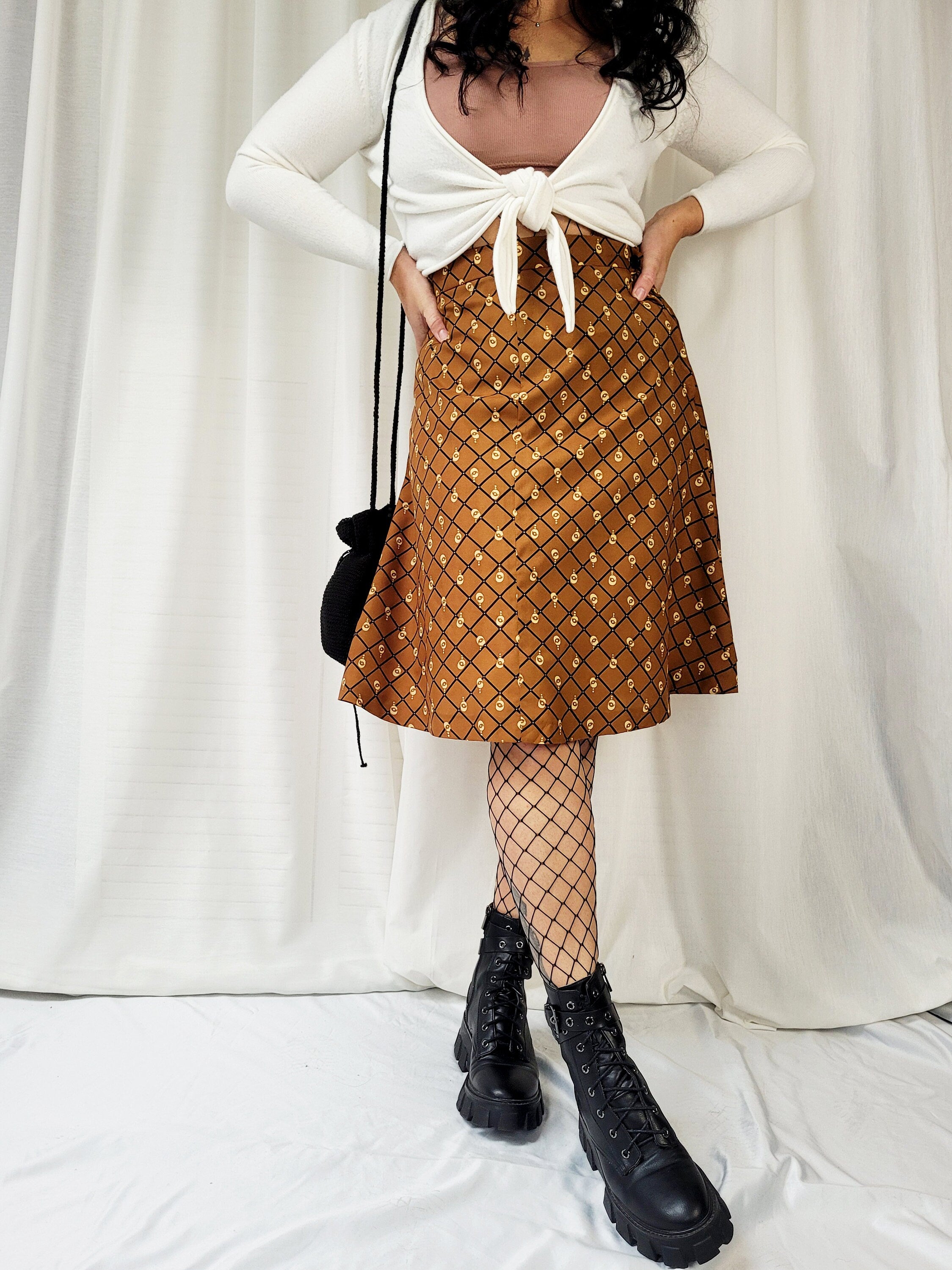 Vintage 90s brown geometric print midi A line skirt