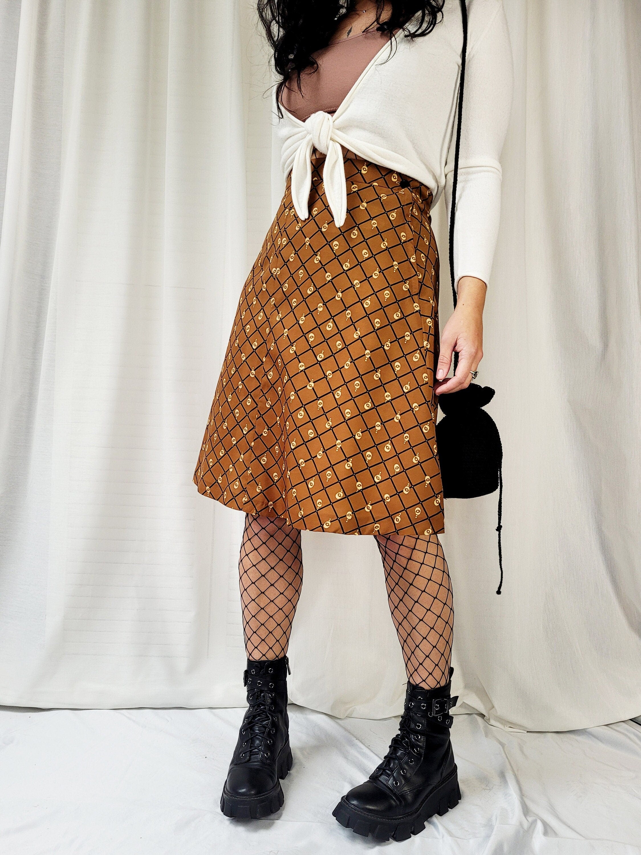 Vintage 90s brown geometric print midi A line skirt