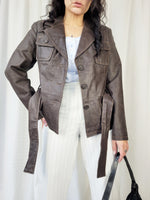Load image into Gallery viewer, Vintage 90s dark brown genuine leather belted jacket
