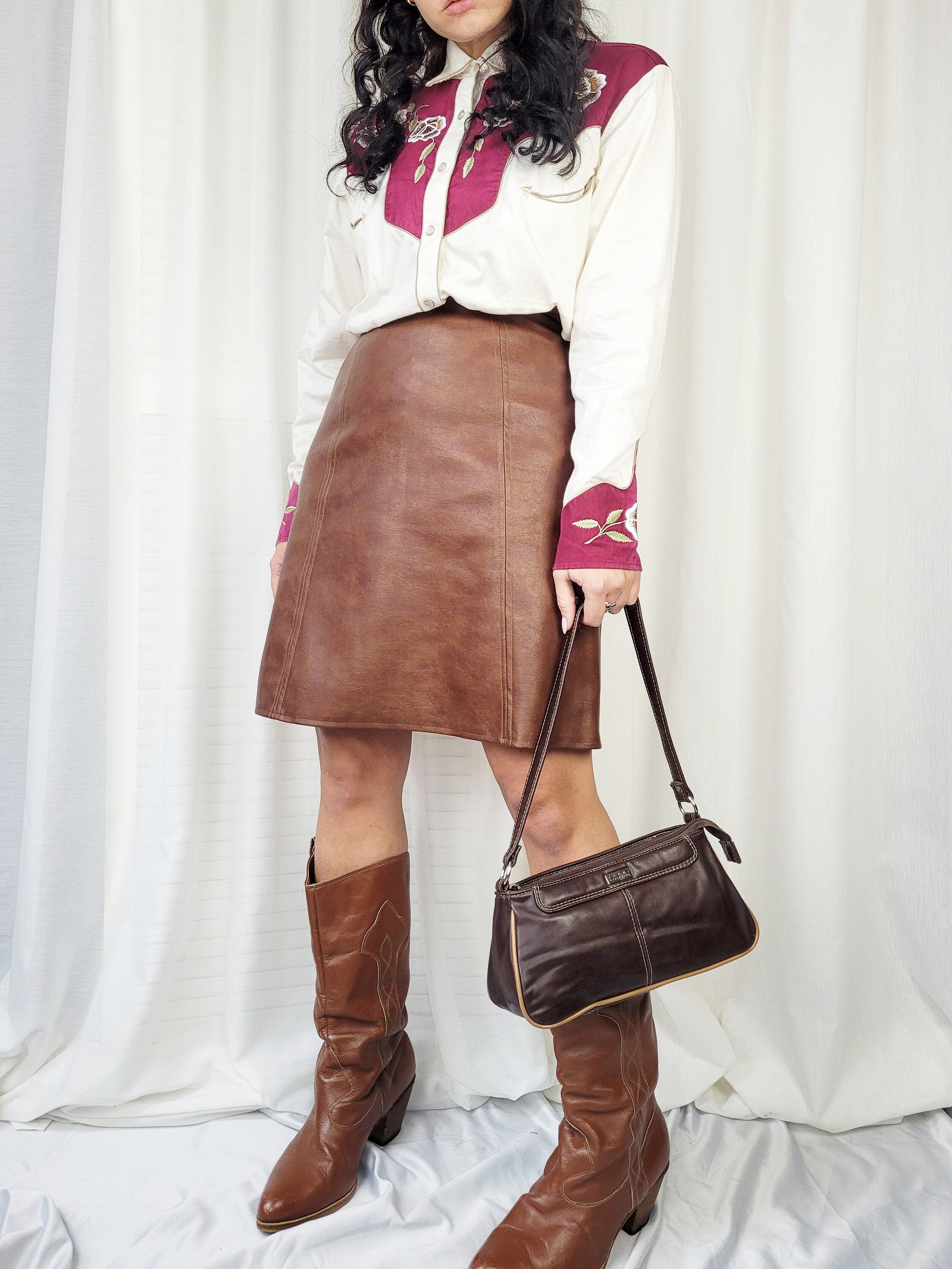 Vintage 90s brown faux leather midi A line skirt