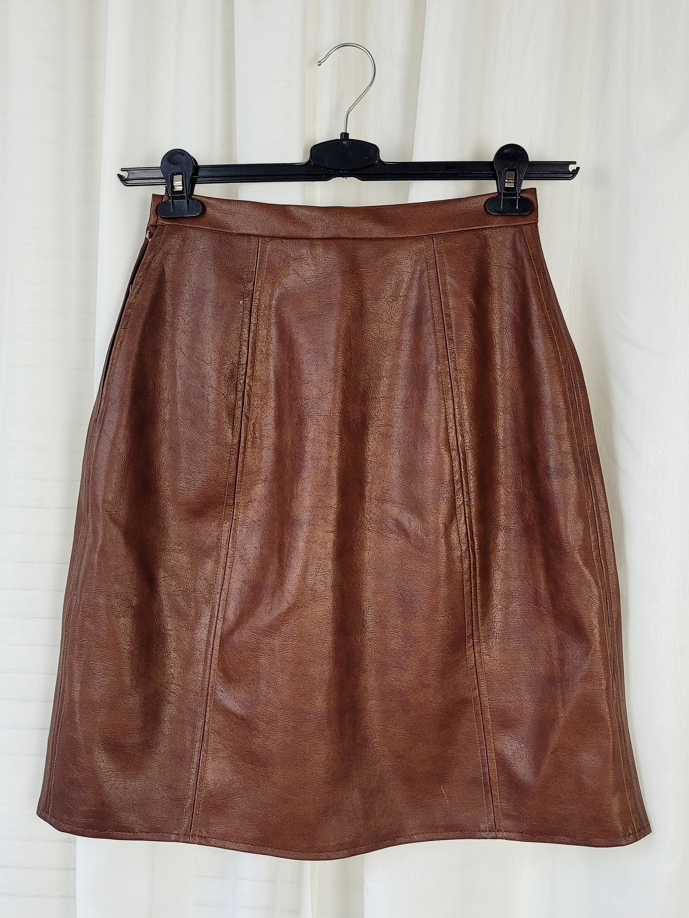 Vintage 90s brown faux leather midi A line skirt