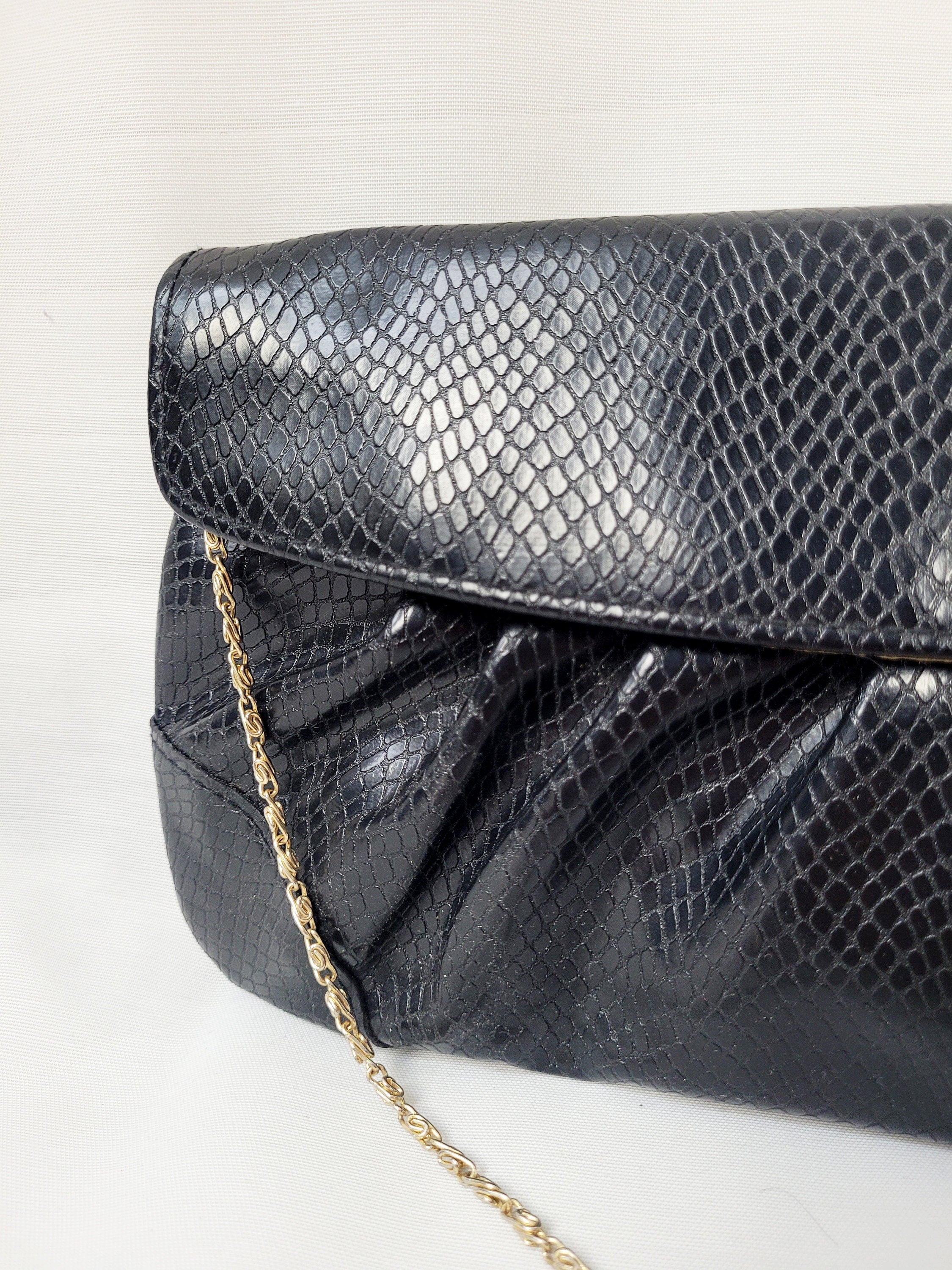 Vintage 80s black reptile print envelope chain bag