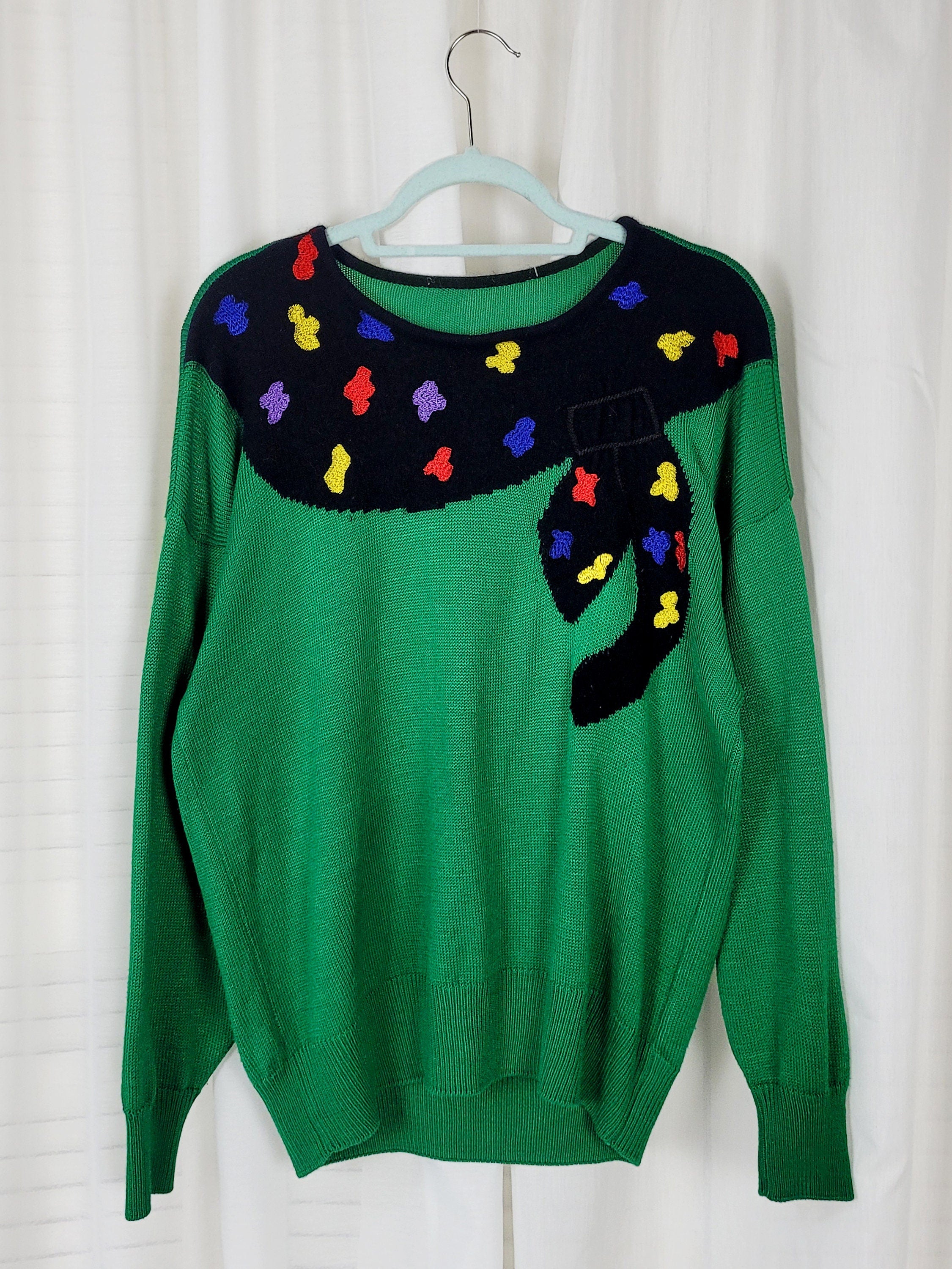 Vintage 80s green embroidery oversize Moms sweater