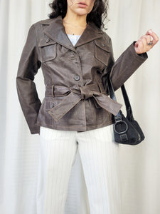 Vintage 90s dark brown genuine leather belted jacket