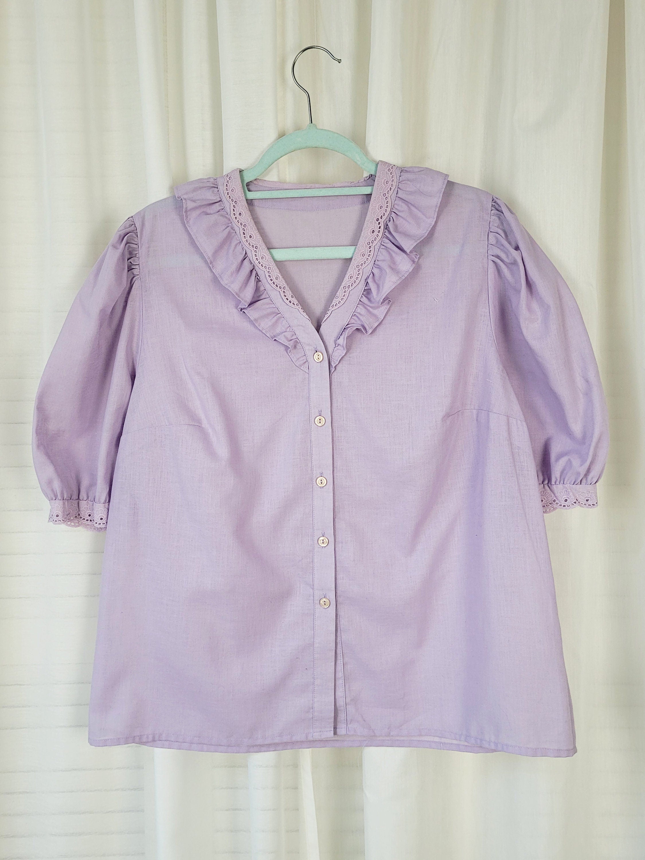 Vintage 90s pastel lilac ruffle puff sleeve Milkmaid blouse