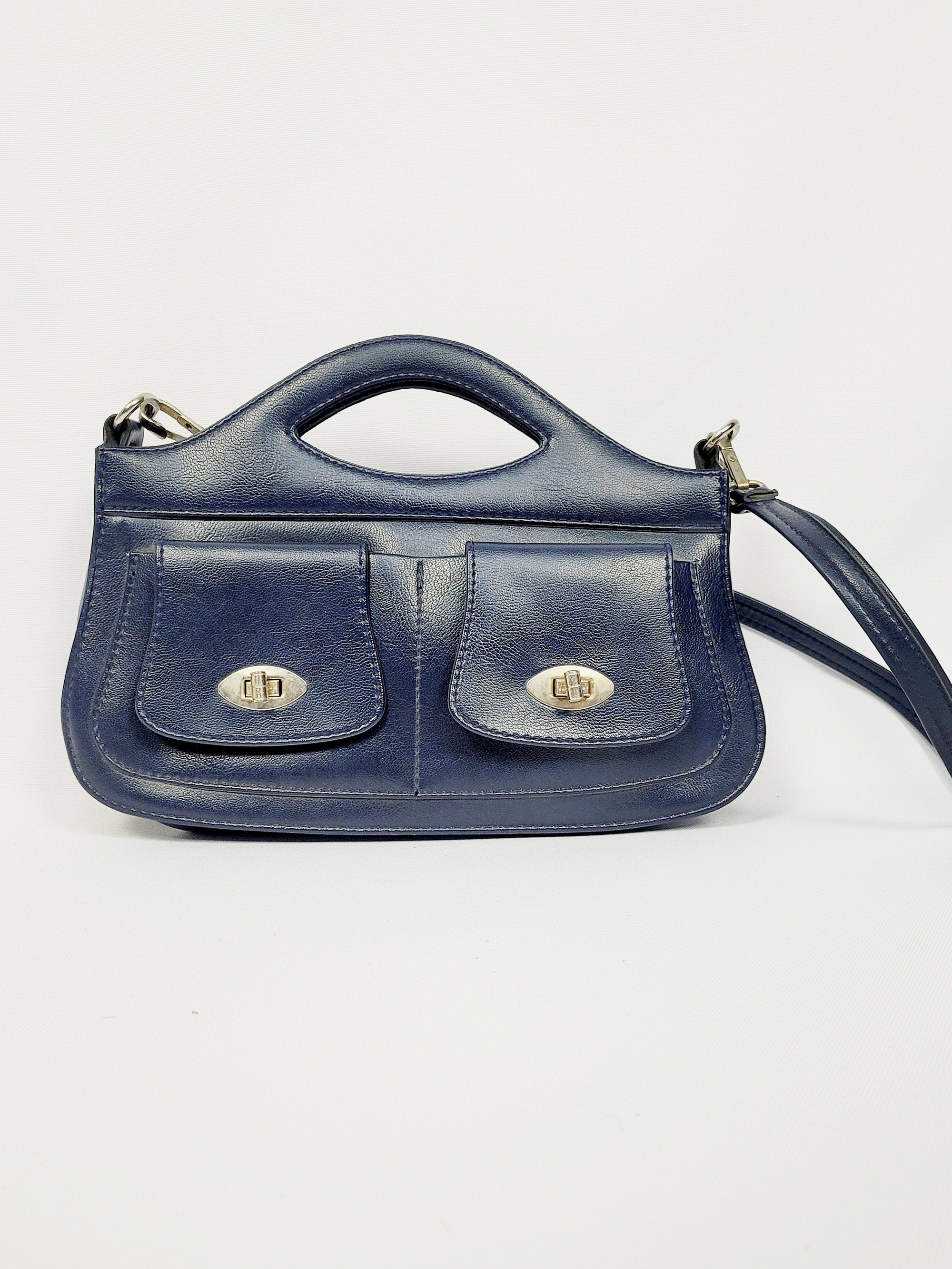 Vintage 80s navy blue leather shoulder bag