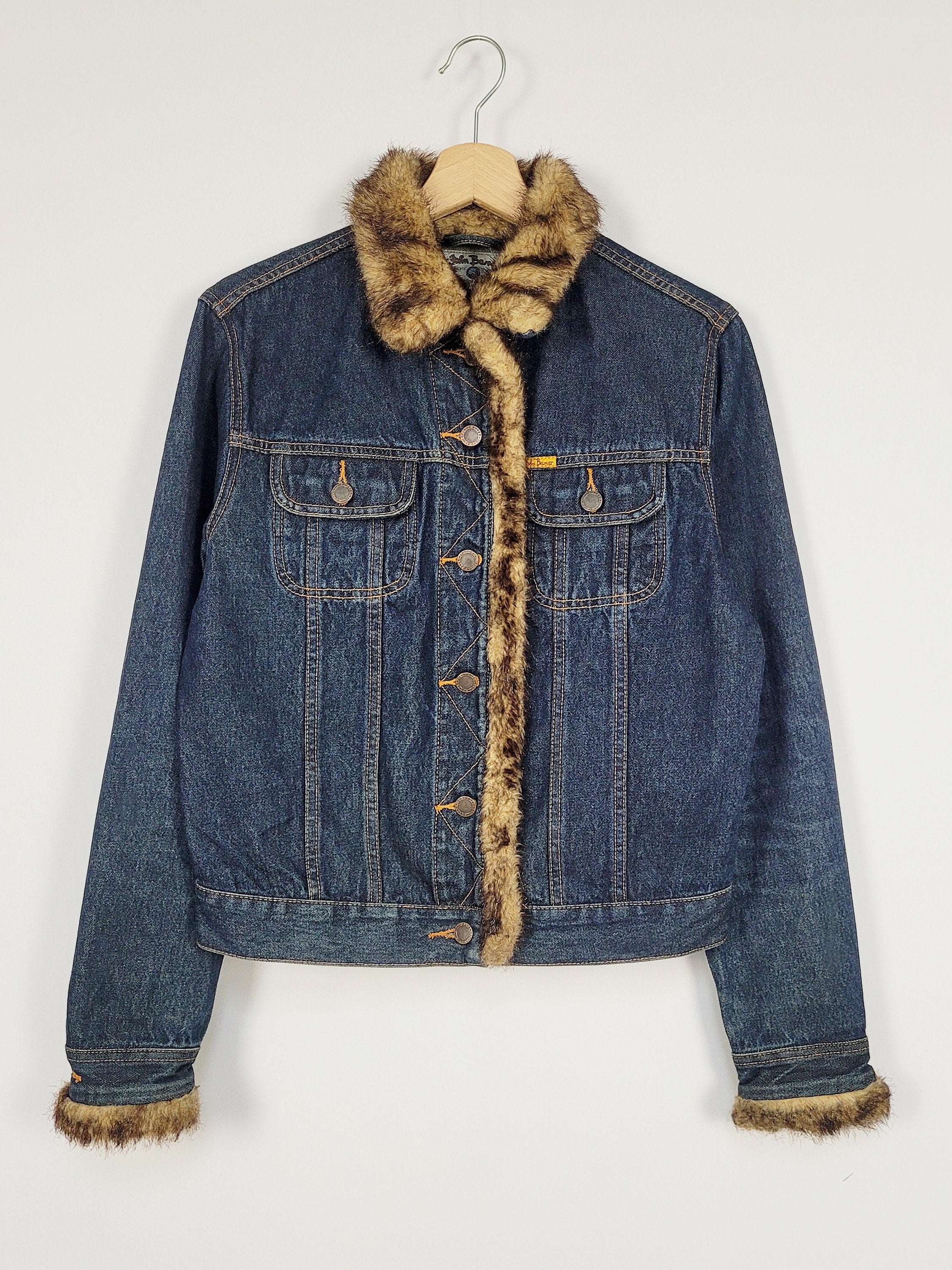 Retro 90s dark blue denim jeans faux fur trim jacket