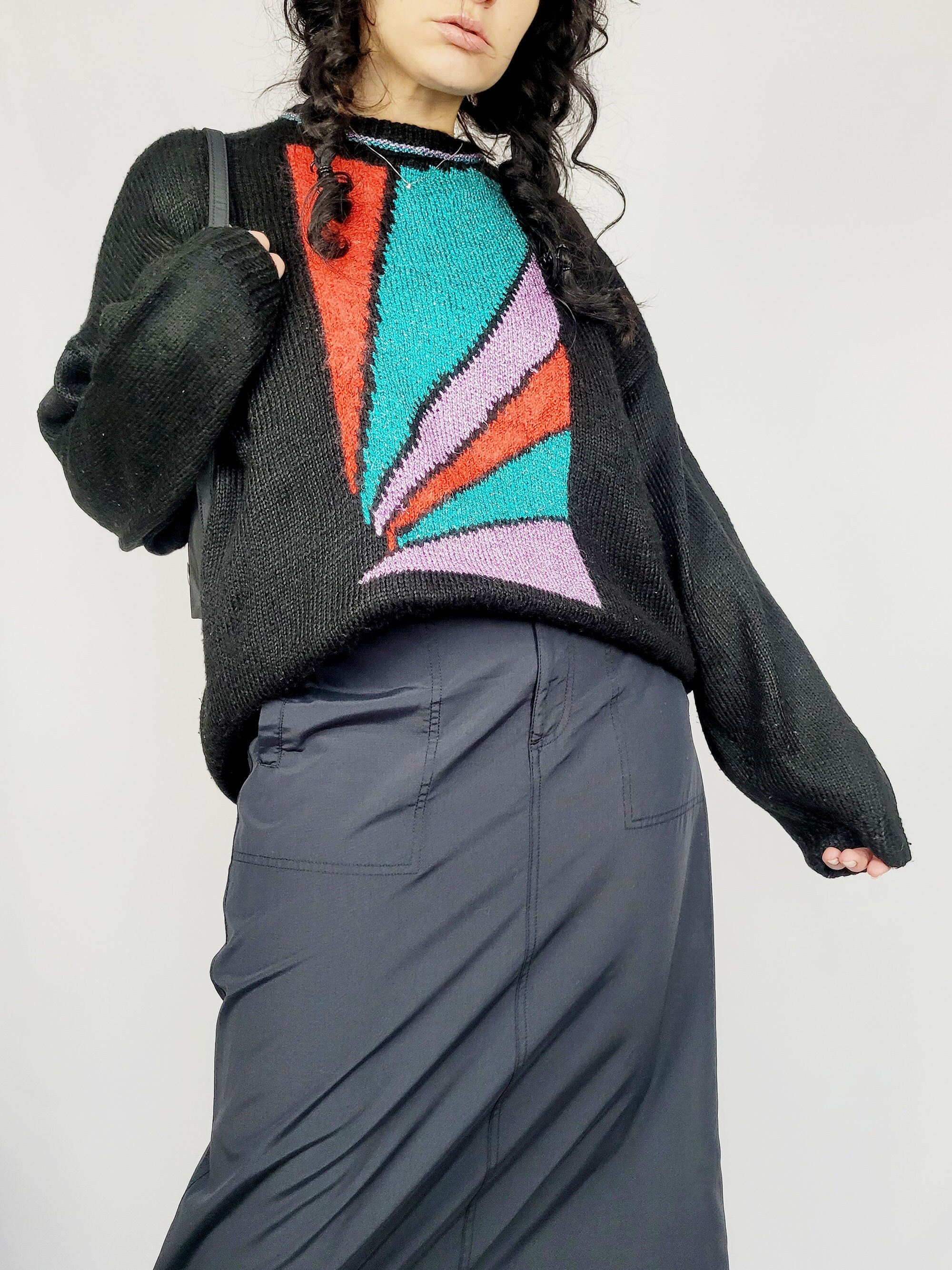 Vintage 90s black handknit geometric front oversize sweater
