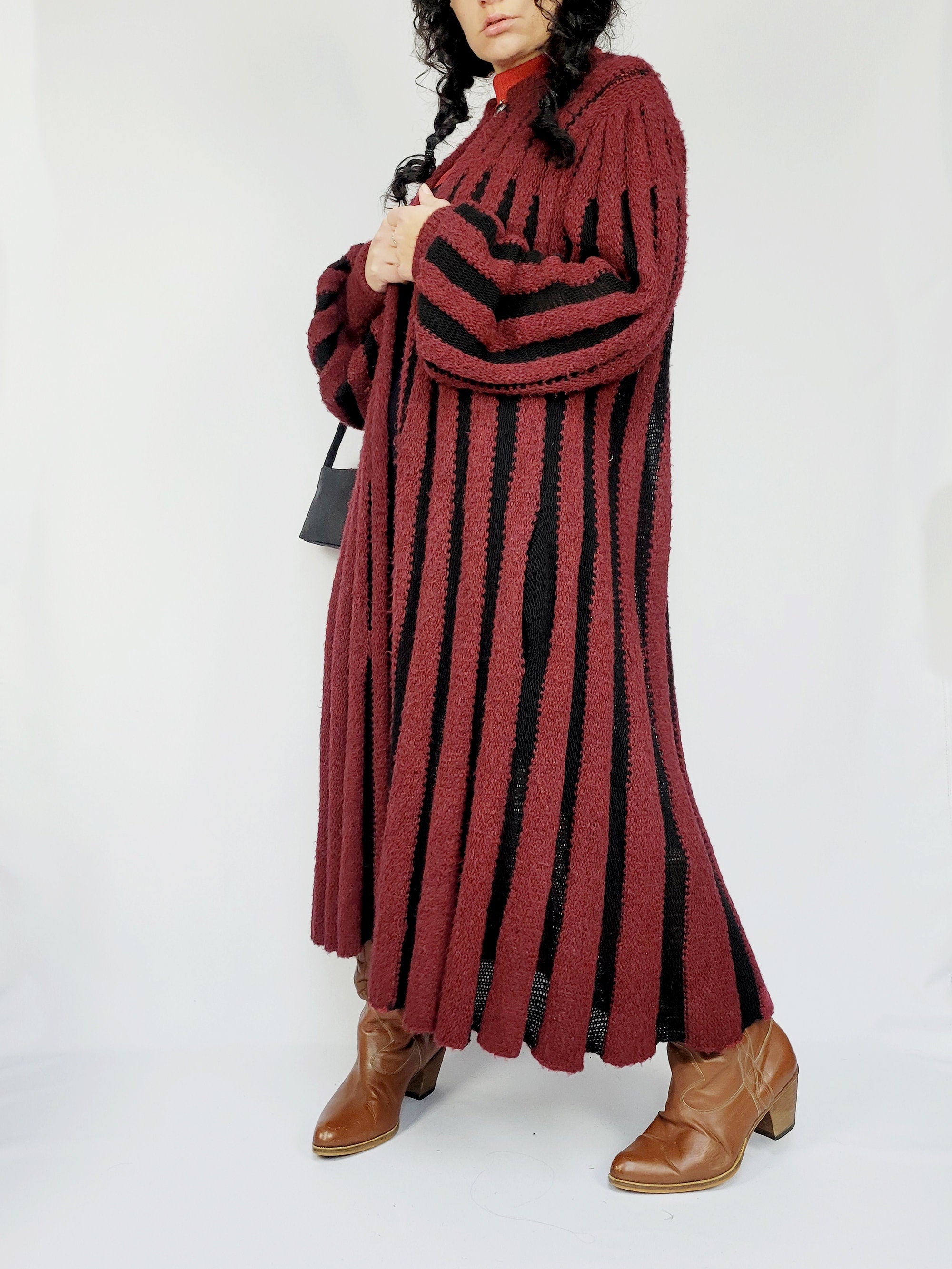 Vintage 80s vine red knitted long striped cardigan