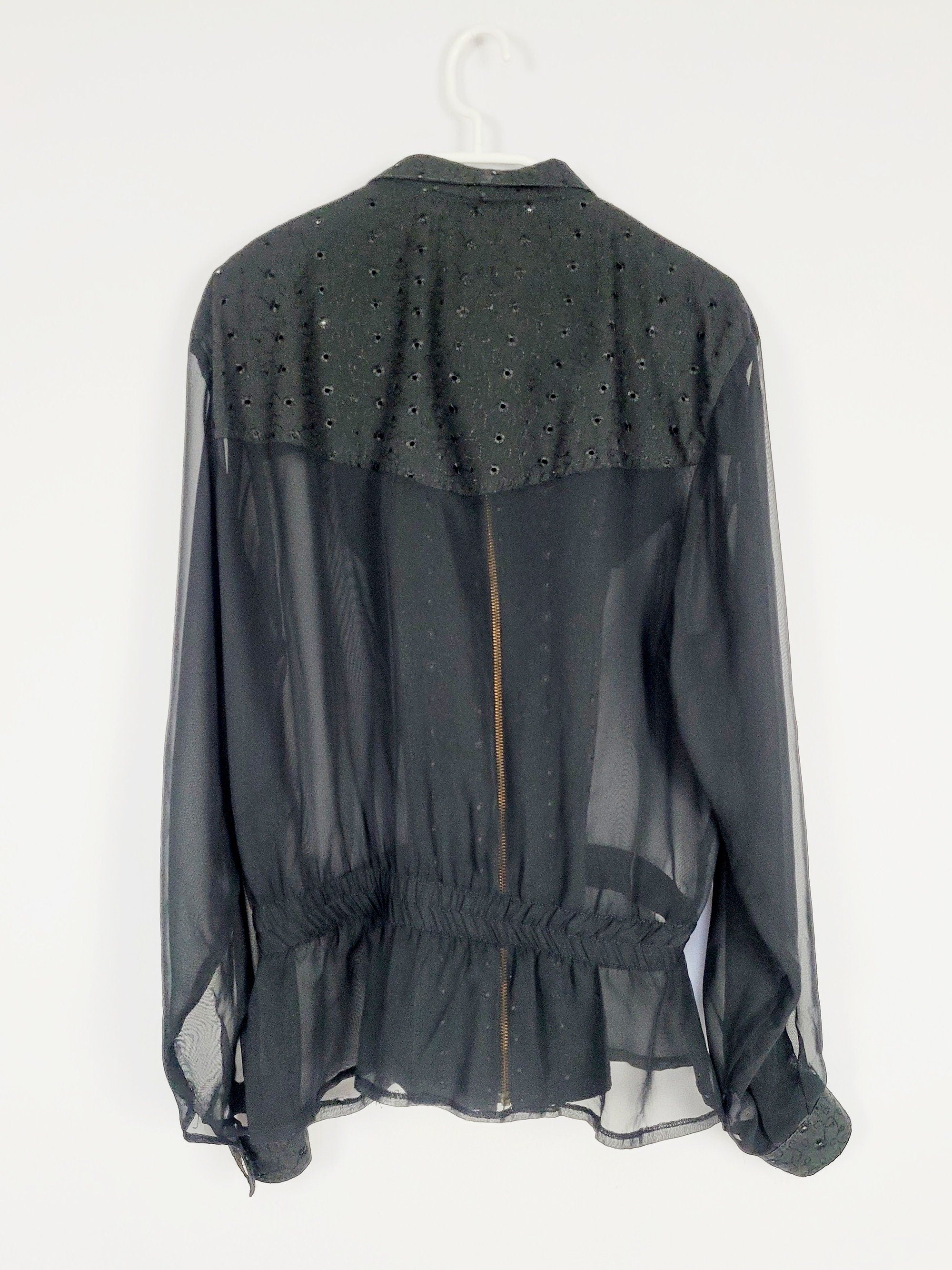 Vintage 90s black sheer zipped long blouse top