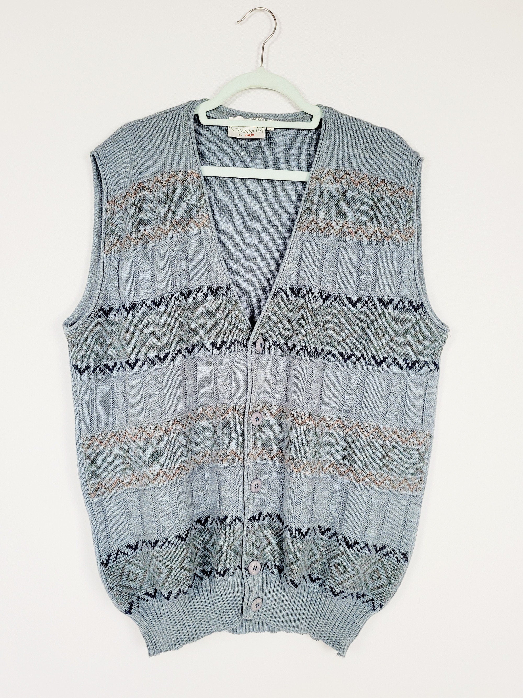 Retro 90s blue fair isle cable knitted vest jumper