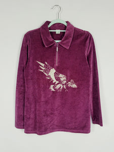 90s 1/4 zip purple velveteen eagle print beaded jumper top