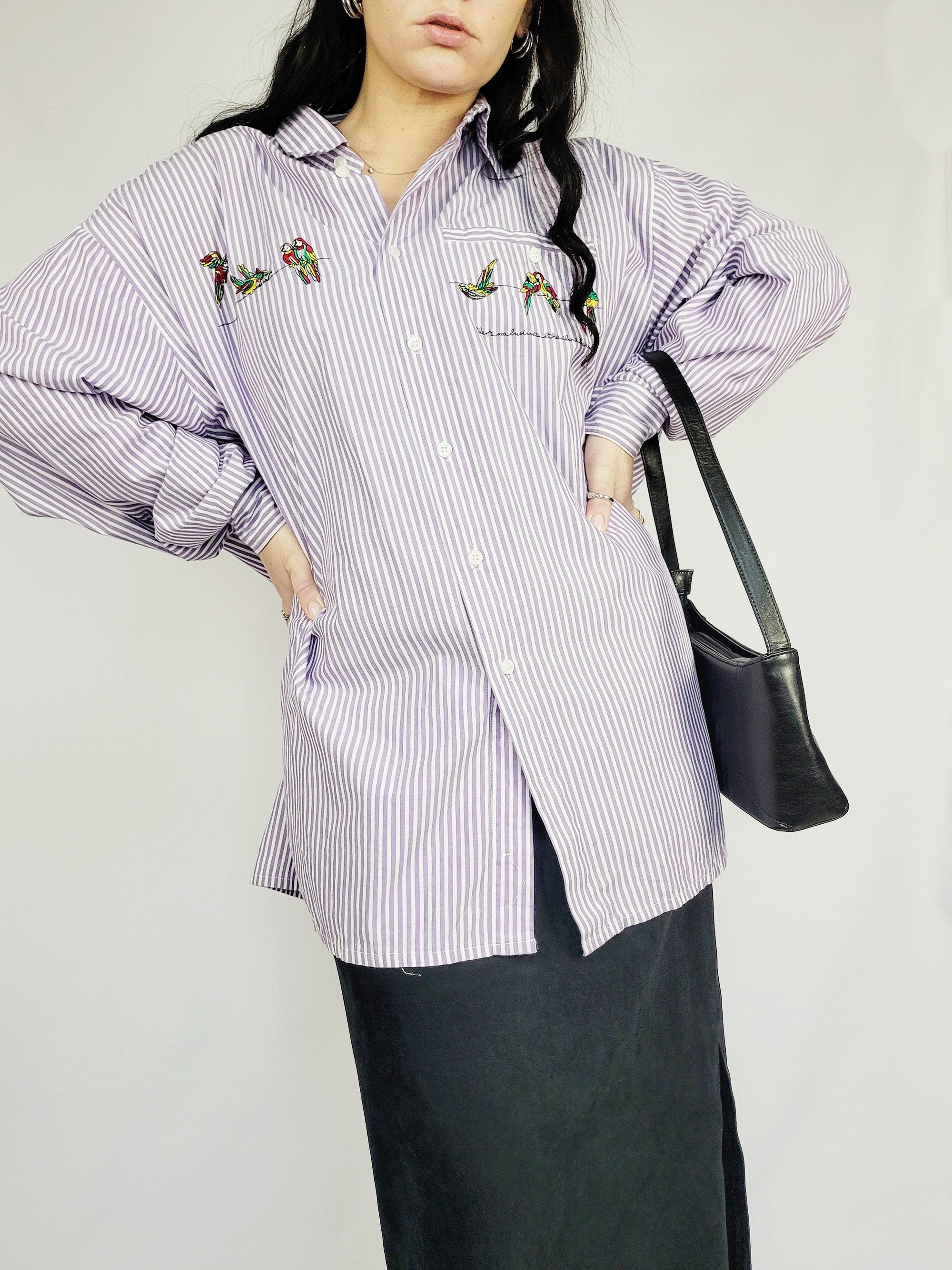 90s purple striped parrot embroidery minimalist shirt