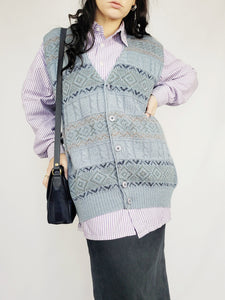 Retro 90s blue fair isle cable knitted vest jumper