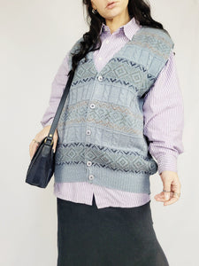 Retro 90s blue fair isle cable knitted vest jumper