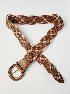 Vintage 90s brown leather rope woven wide belt