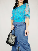 Load image into Gallery viewer, Y2K 00s retro mesh blue floral flare sleeve blouse top

