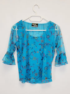 Y2K 00s retro mesh blue floral flare sleeve blouse top