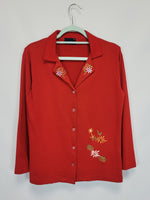 Load image into Gallery viewer, Vintage 90s red floral embroidery jersey shirt blouse
