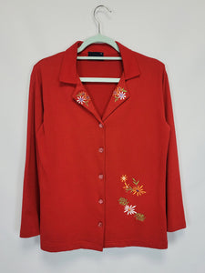 Vintage 90s red floral embroidery jersey shirt blouse