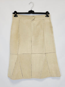 90s beige suede leather midi patchwork minimalist skirt