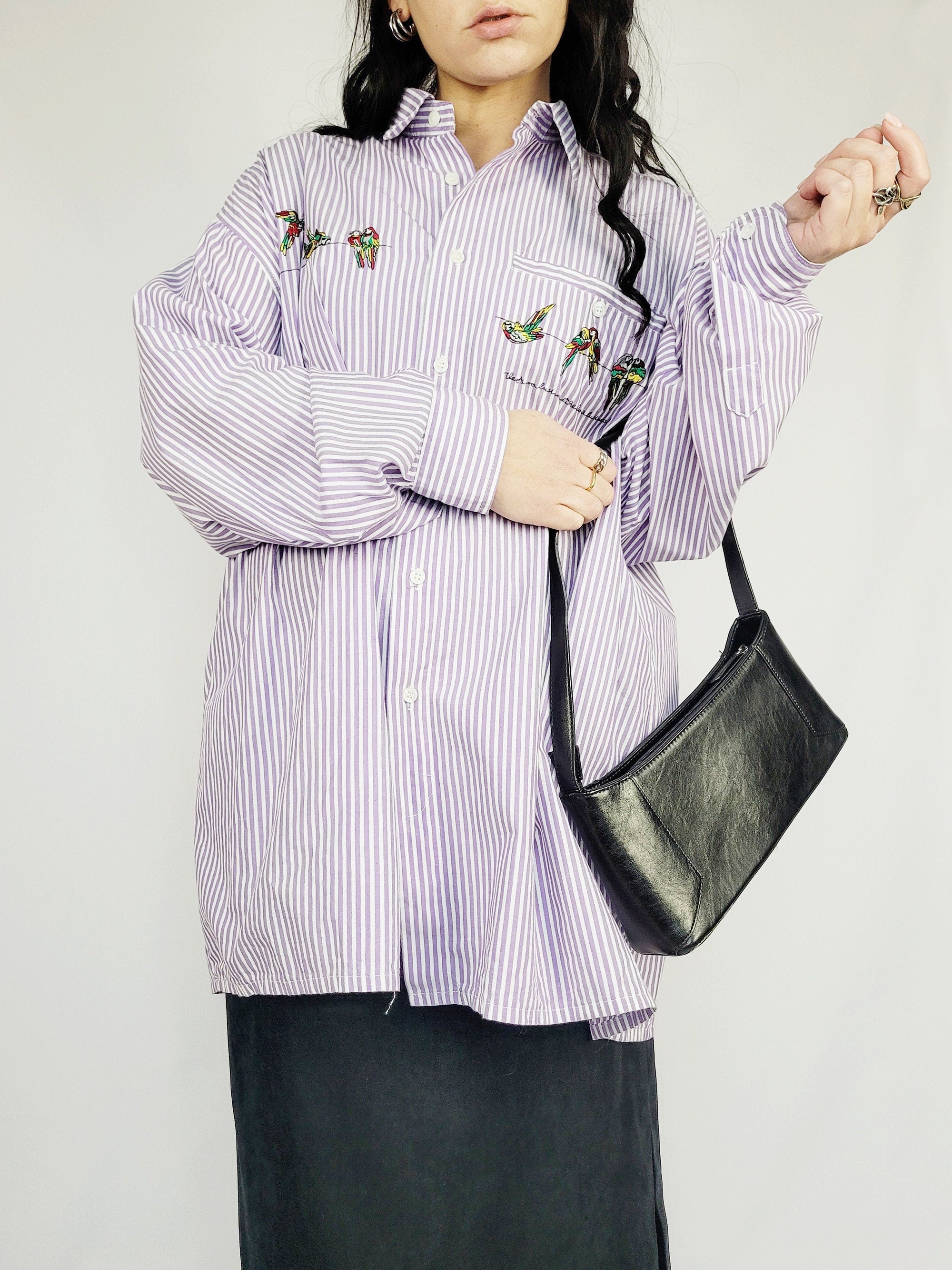 90s purple striped parrot embroidery minimalist shirt